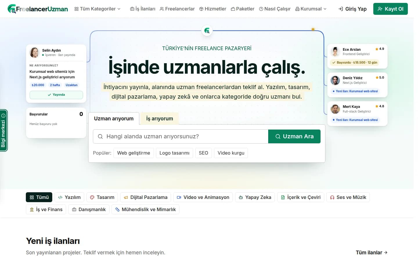 FreelancerUzman ana sayfası: uzman arama ve iş arama sekmeli arama alanı