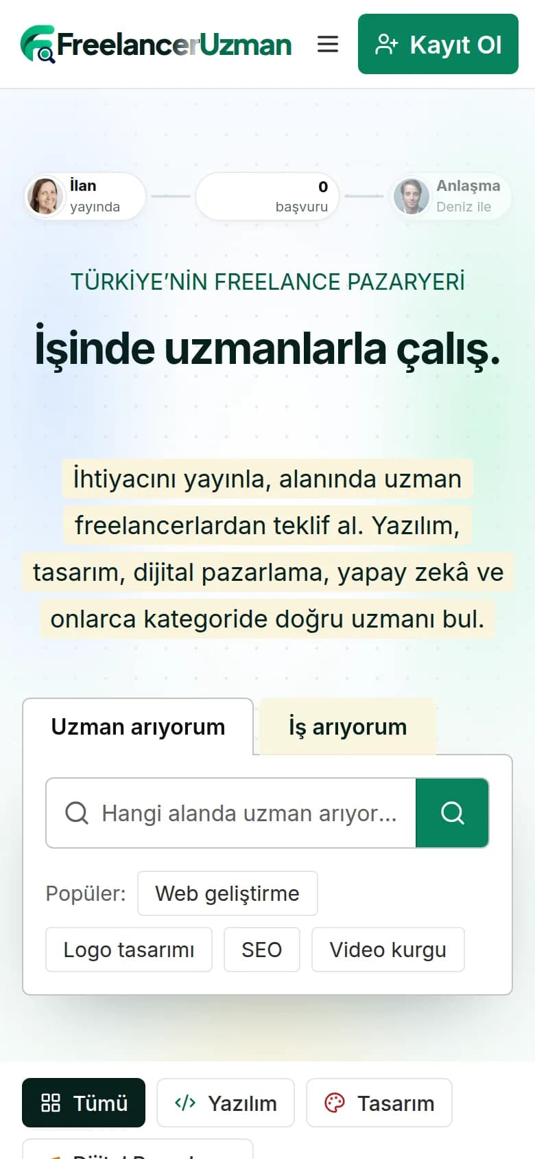 FreelancerUzman ana sayfası, mobil