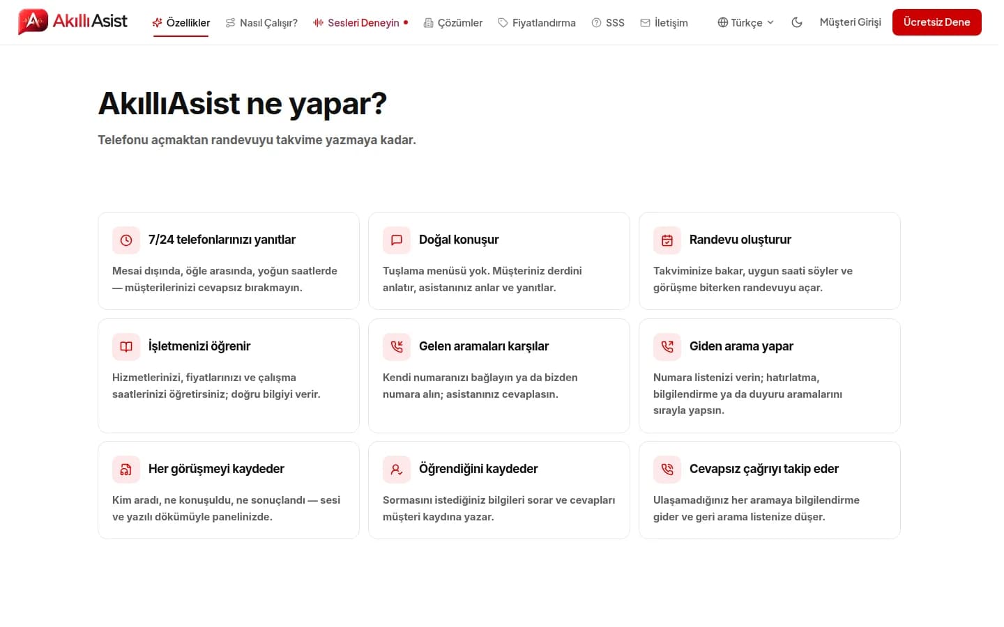 AkıllıAsist özellikler sayfası