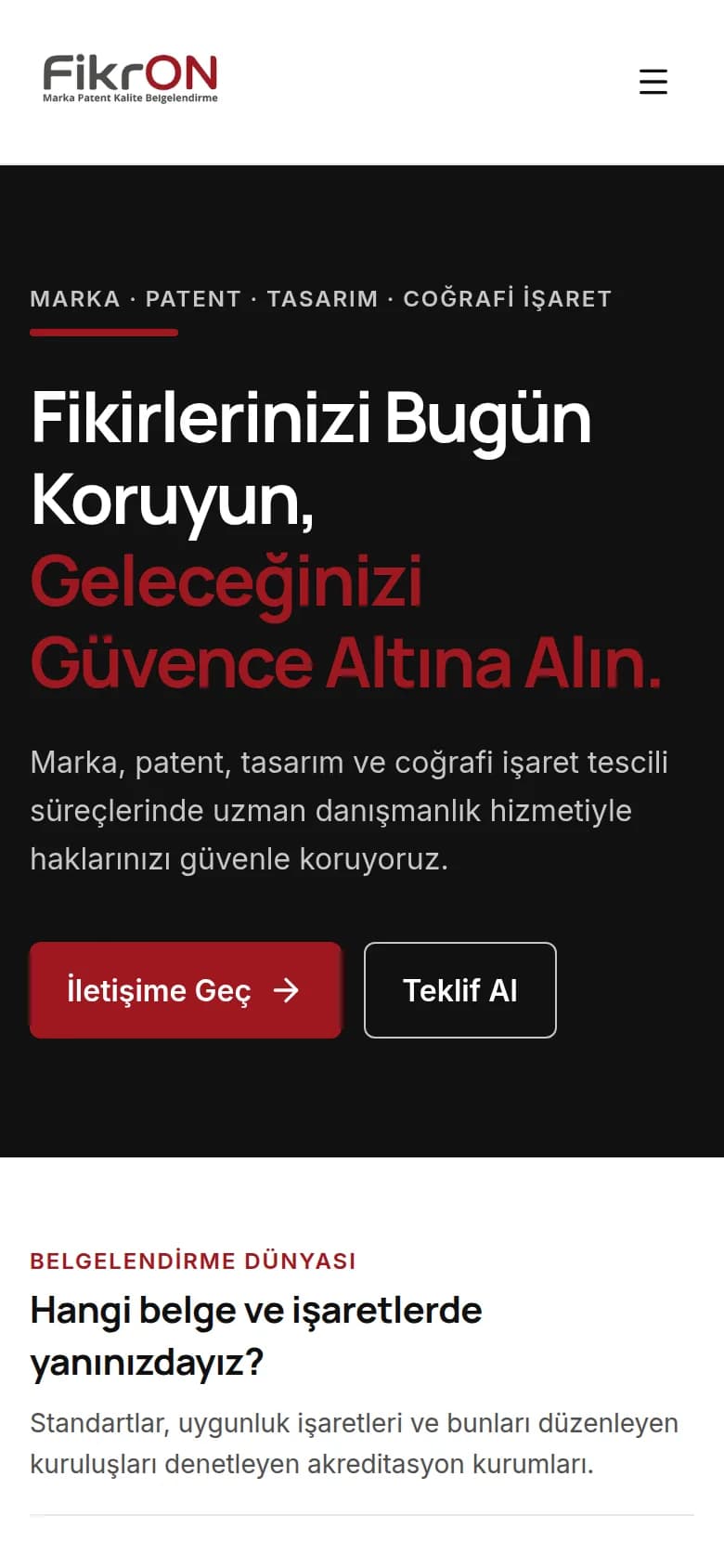 Fikron Marka Patent ana sayfası, mobil